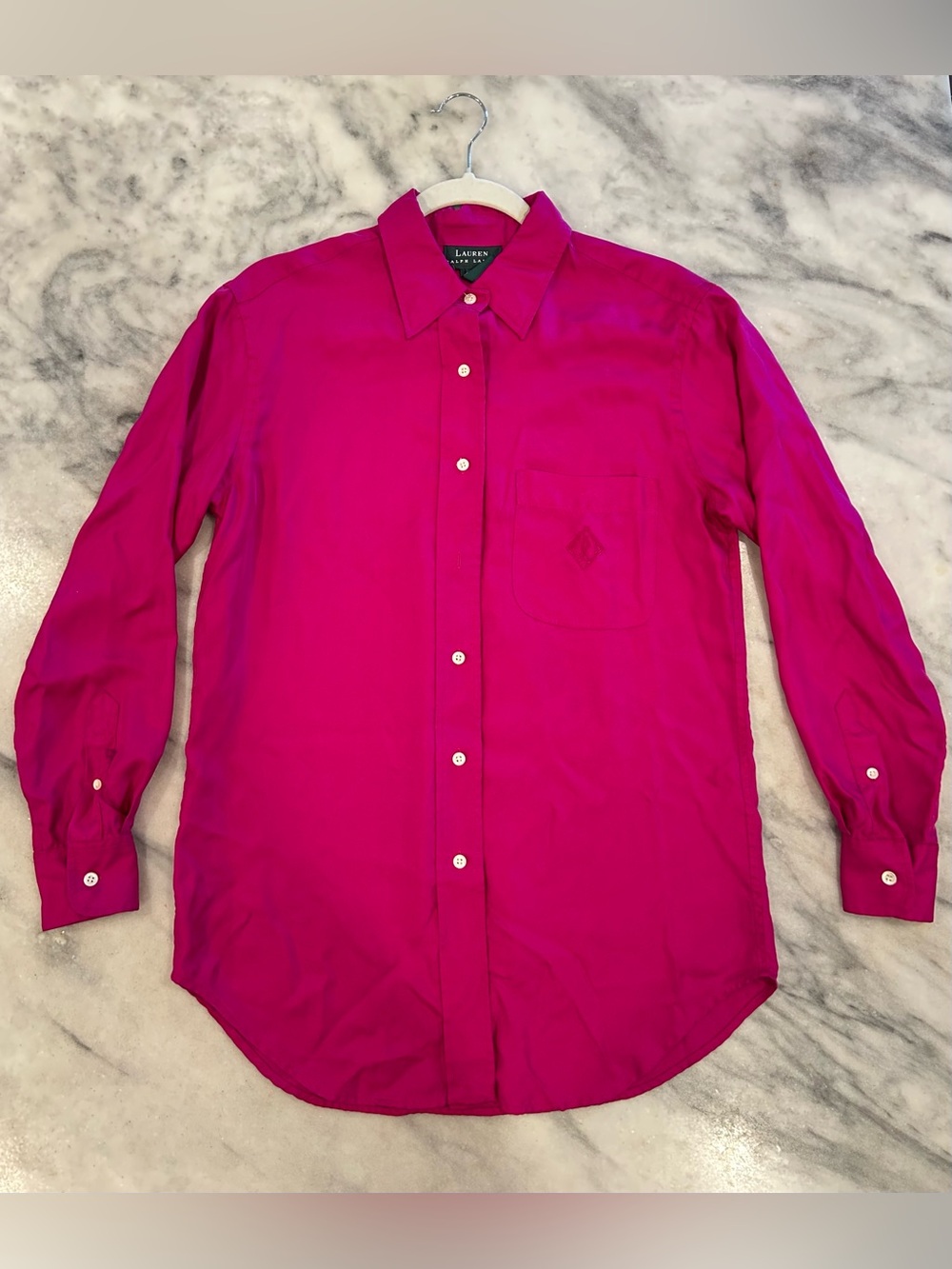 Vintage Lauren Ralph Lauren Fuchsia Pink 100% Silk Monogram button-up shirt 8